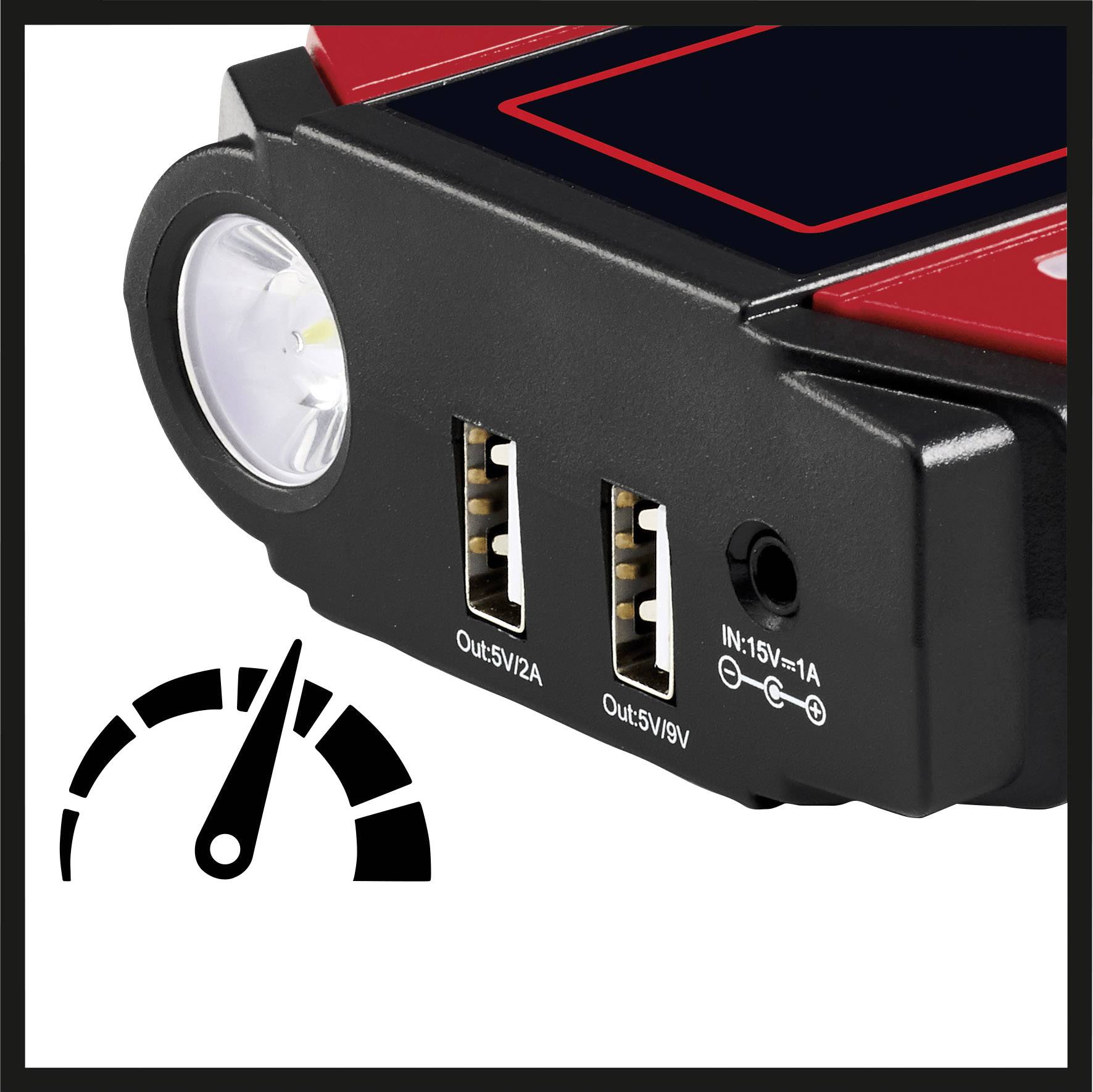 Un appareil noir avec deux ports USB, une lampe de poche et un affichage de la puissance de sortie.