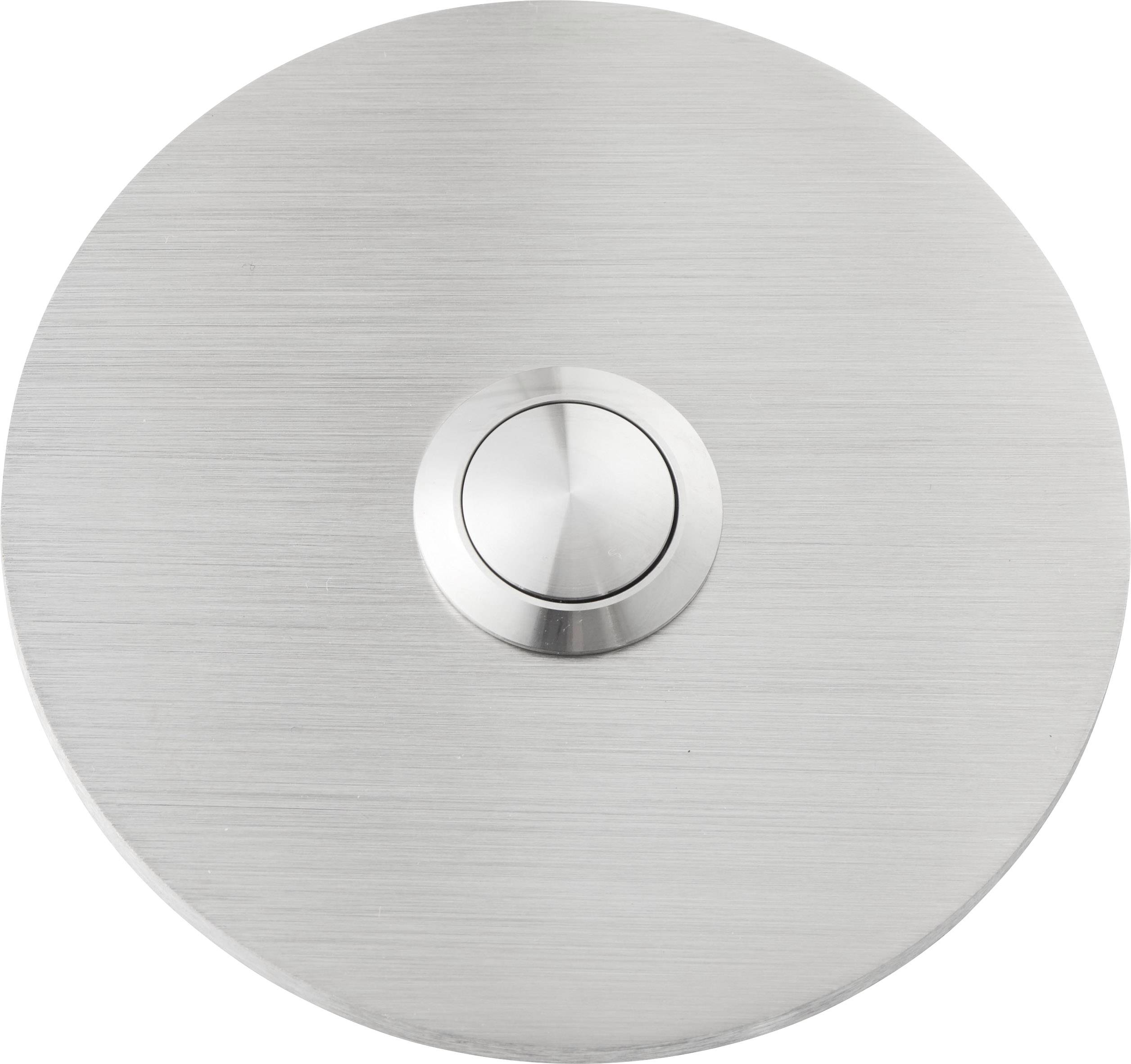 Une sonnette ronde en acier inoxydable brossé, avec un bouton-poussoir circulaire au centre.