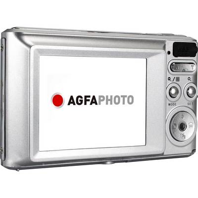 Dos d'un appareil photo numérique au boîtier argenté, avec un écran affichant le logo 'AGFAPHOTO'.