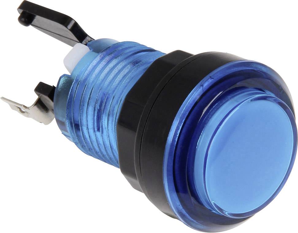 Un bouton-poussoir bleu rétroéclairé avec un cadre noir et deux connecteurs métalliques, adapté aux applications électroniques.