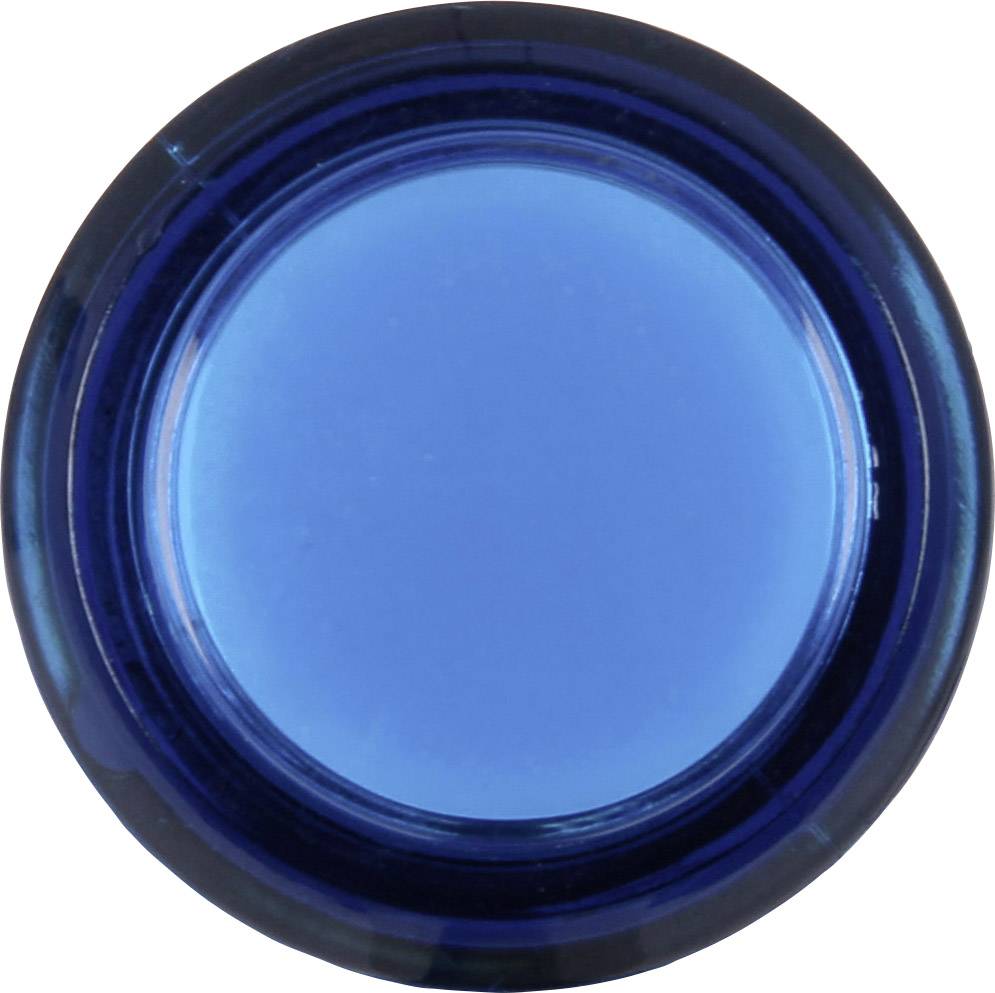 Une pile bouton bleue ronde en verre, vue de dessus, sur un fond blanc.