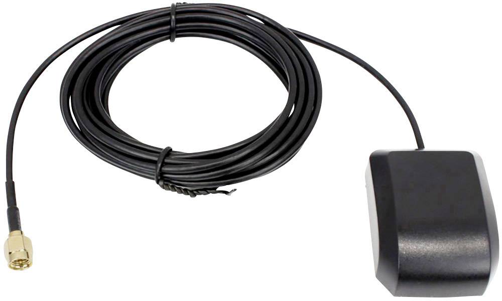 Antenne GPS noire avec long câble et connecteur doré, adaptée à l'amélioration de la réception des signaux GPS.