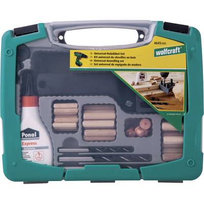 Coffret Wolfcraft pour Assemblage Universel avec Goujons en Bois, comprenant de la Colle à Bois Ponal, des Chevilles et des Forets, adapté aux Travaux sur Bois.