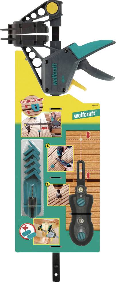Kit de montage pour terrasses de wolfcraft, comprenant une pince de montage et des gabarits de perçage, pour la fixation facile des lames de terrasse.