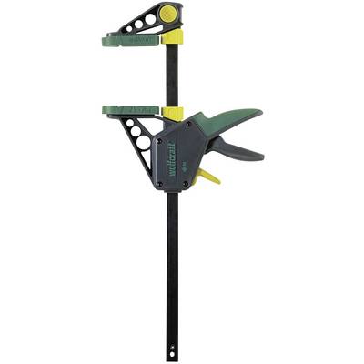 Une pince-étau rapide à grande surface avec des poignées vert et jaune sur fond blanc. Idéale pour les travaux sur bois et la fixation.