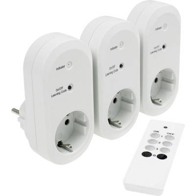 Trois adaptateurs de prise blancs avec télécommande pour contrôler les fonctions de mise en marche et d'arrêt.
