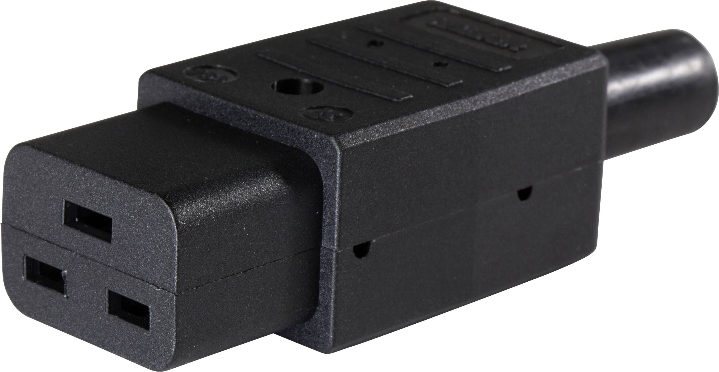 Fiche électrique noire avec trois bornes rectangulaires et une poignée ronde.