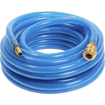 Tuyau d'arrosage bleu avec raccords en laiton, enroulé.