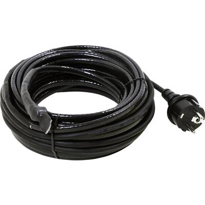 Un long câble électrique noir enroulé, avec une fiche à son extrémité, est posé sur un fond blanc.