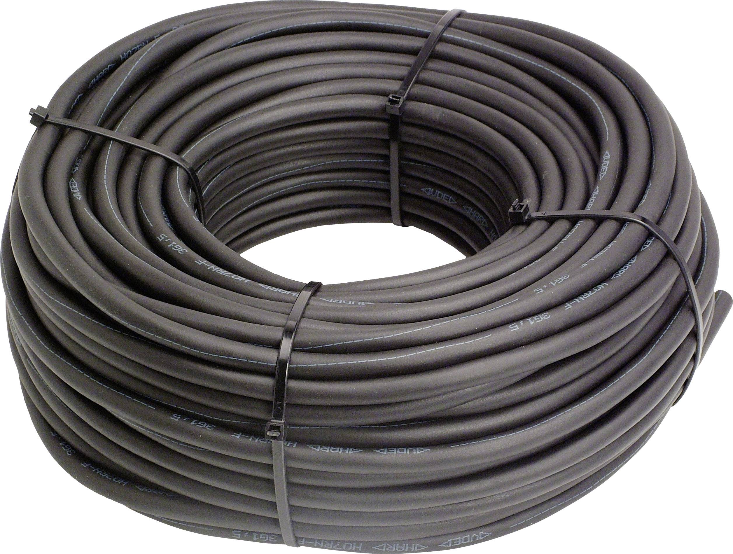 Un grand rouleau de câble noir, maintenu à plusieurs endroits par des colliers de serrage. Idéal pour les installations électriques.