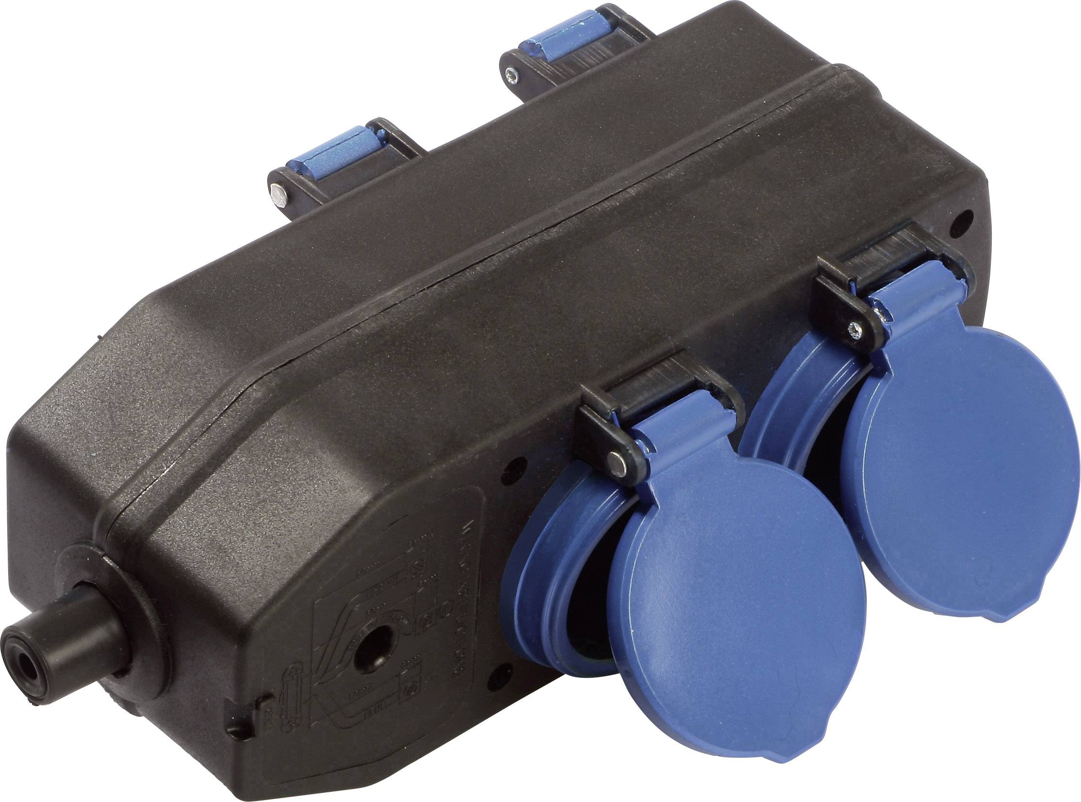 Un connecteur noir en plastique avec deux capuchons bleus pour des branchements électriques, adapté à une utilisation extérieure.