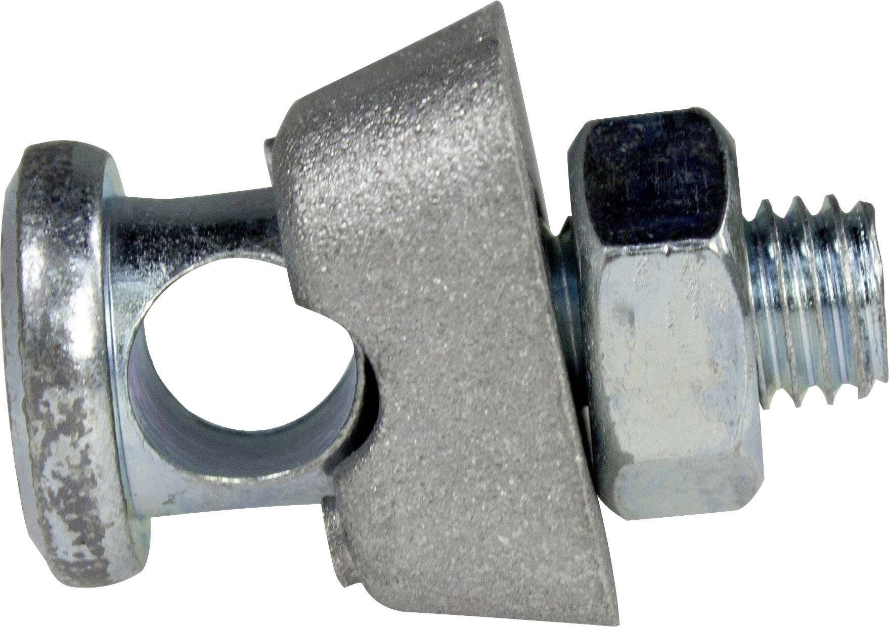 Une vis en argent avec une tête en forme d'écrou, à côté d'une pince métallique en forme de fer à cheval.