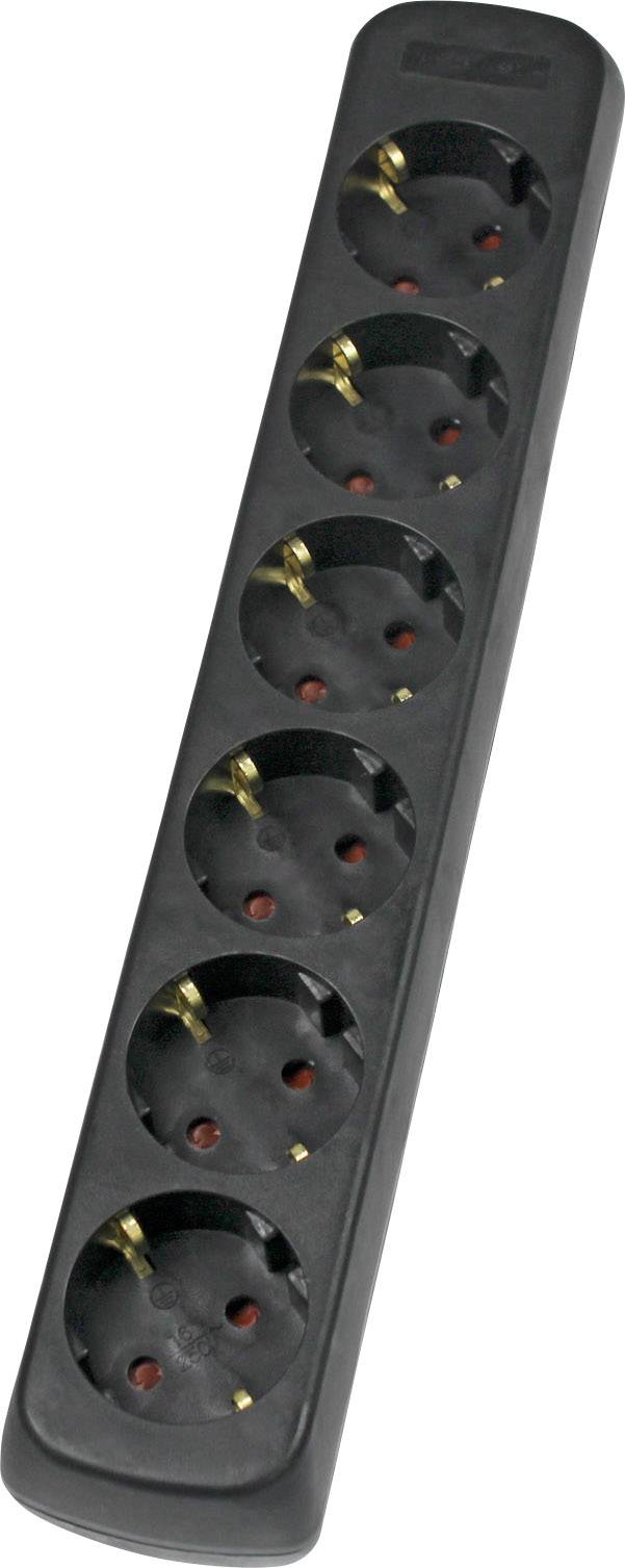 Une barrette multiprises noire à six emplacements, adaptée pour connecter plusieurs appareils électroniques.