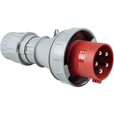 Fiche de courant fort tripolaire rouge en boîtier plastique, adaptée aux appareils industriels, avec anneau gris pour une connexion sécurisée.