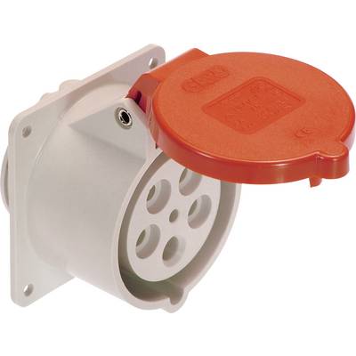 Prise ronde rouge avec couvercle de protection, adaptée pour une utilisation industrielle. Elle dispose de quatre prises et est montée sur un mur.