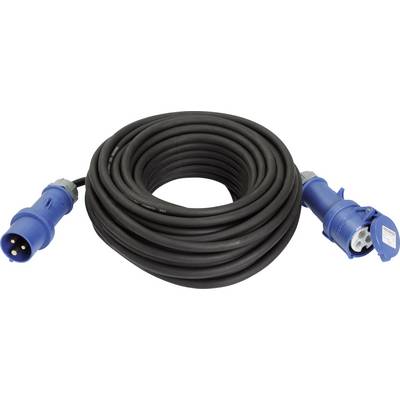 Câble de rallonge noir avec fiches CEE bleues, typiquement utilisé pour des applications industrielles ou le camping.