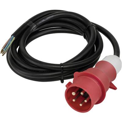 Un câble électrique rouge à haute tension avec une fiche à cinq pôles, adapté aux applications industrielles, est enroulé sur une surface blanche.