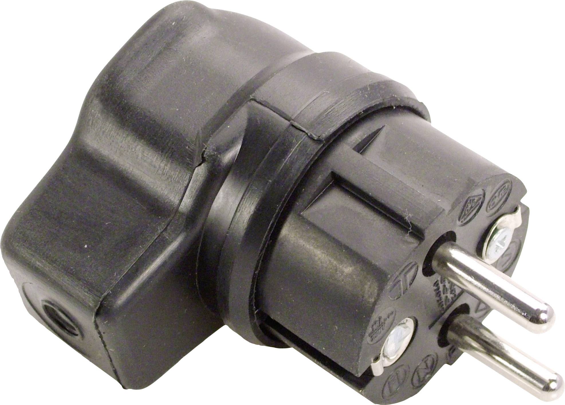 Adaptateur Schuko noir à deux broches, adapté aux prises électriques européennes.