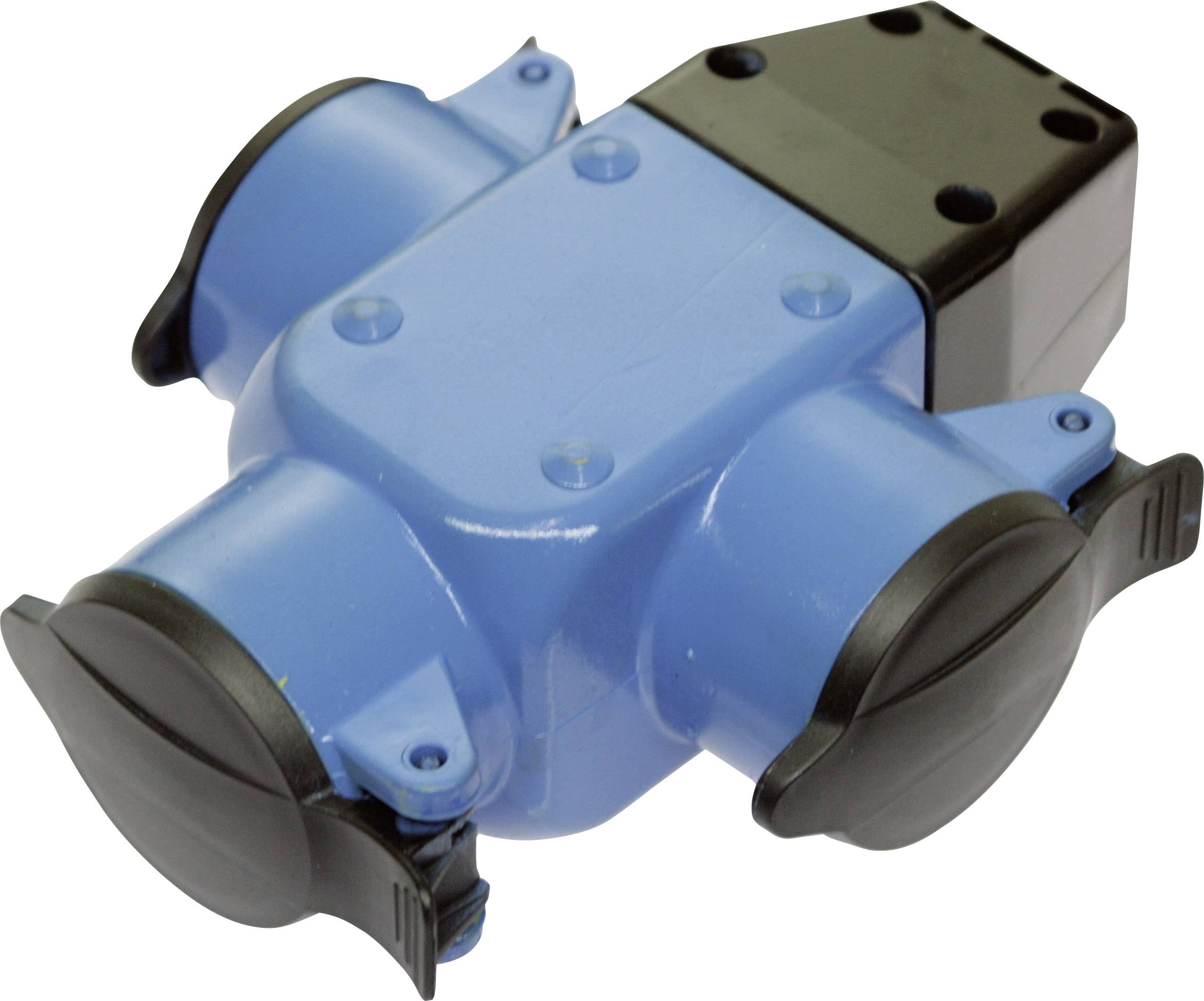 Répartiteur bleu à trois voies avec capuchons de protection noirs, adapté à la distribution électrique dans différentes directions.