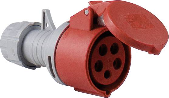 Fiche industrielle rouge et grise avec couvercle rabattable ouvert, montrant cinq contacts circulaires. Couramment utilisée pour les connexions à forte puissance.