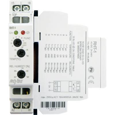 Module de relais RHT-1 de RO/SE pour la mesure de la température et de l'humidité, affichant le schéma de câblage et les caractéristiques techniques.