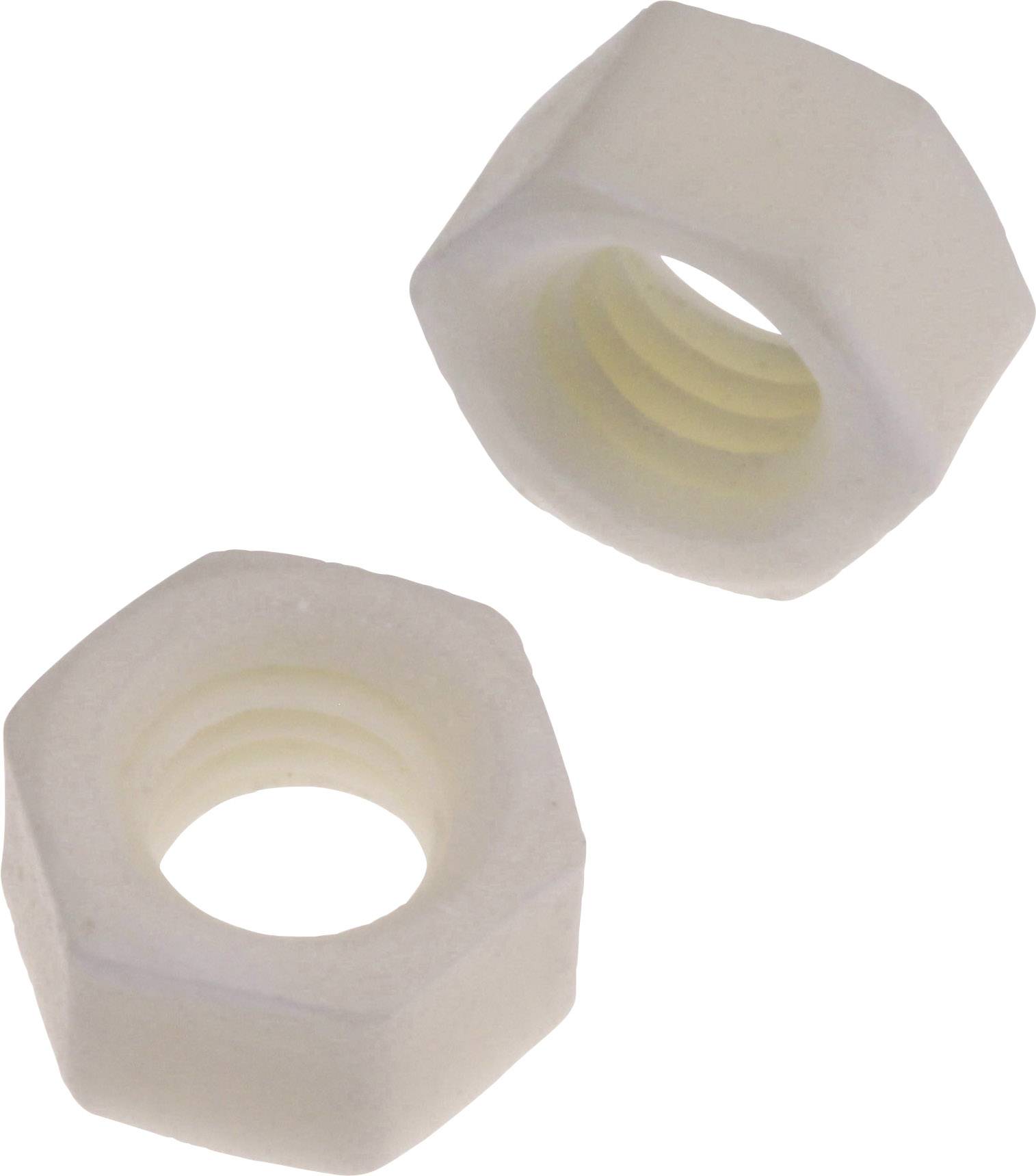 Deux écrous hexagonaux blancs en plastique.