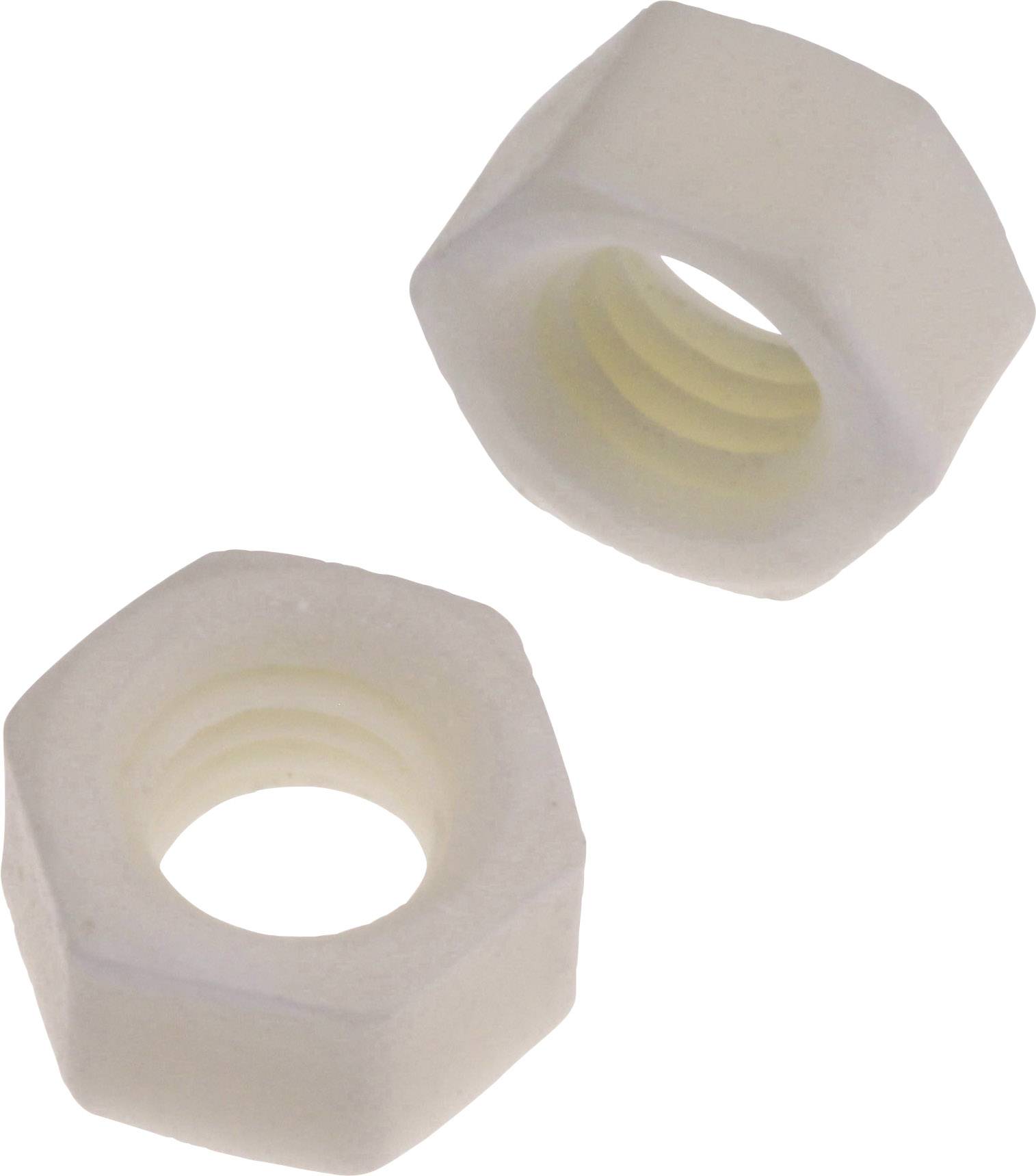 Deux écrous hexagonaux blancs en plastique sur un fond blanc.