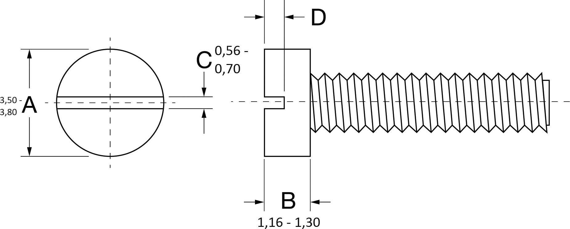 Dessin technique d'une vis filetée, vue de la tête, avec dimensions A (3,50-3,80), B (1,16-1,30), C (0,56-0,70), D.