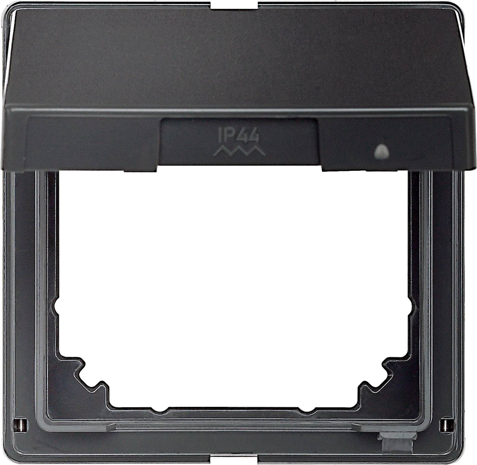 Boîtier de protection noir, rectangulaire, avec couvercle amovible, étiqueté 'IP44', adapté aux prises électriques extérieures.