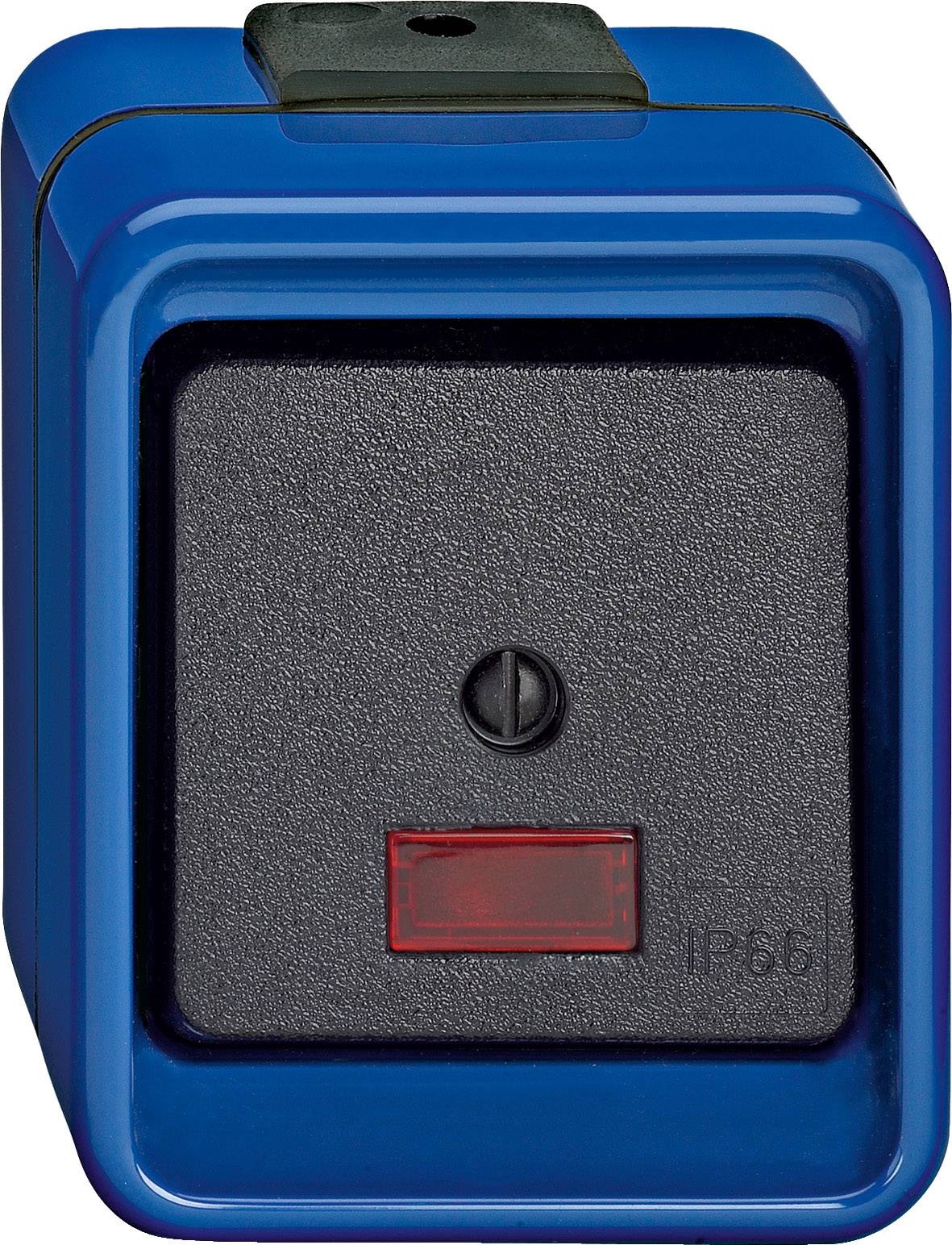 Un interrupteur extérieur bleu rectangulaire avec une surface noire et un champ d'affichage rouge. L'interrupteur est adapté aux conditions météorologiques difficiles.