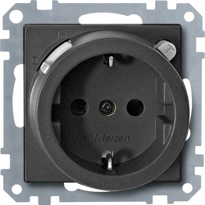 Prise électrique noire, design européen, avec interrupteur marche/arrêt en haut à droite. Montée sur une plaque métallique.