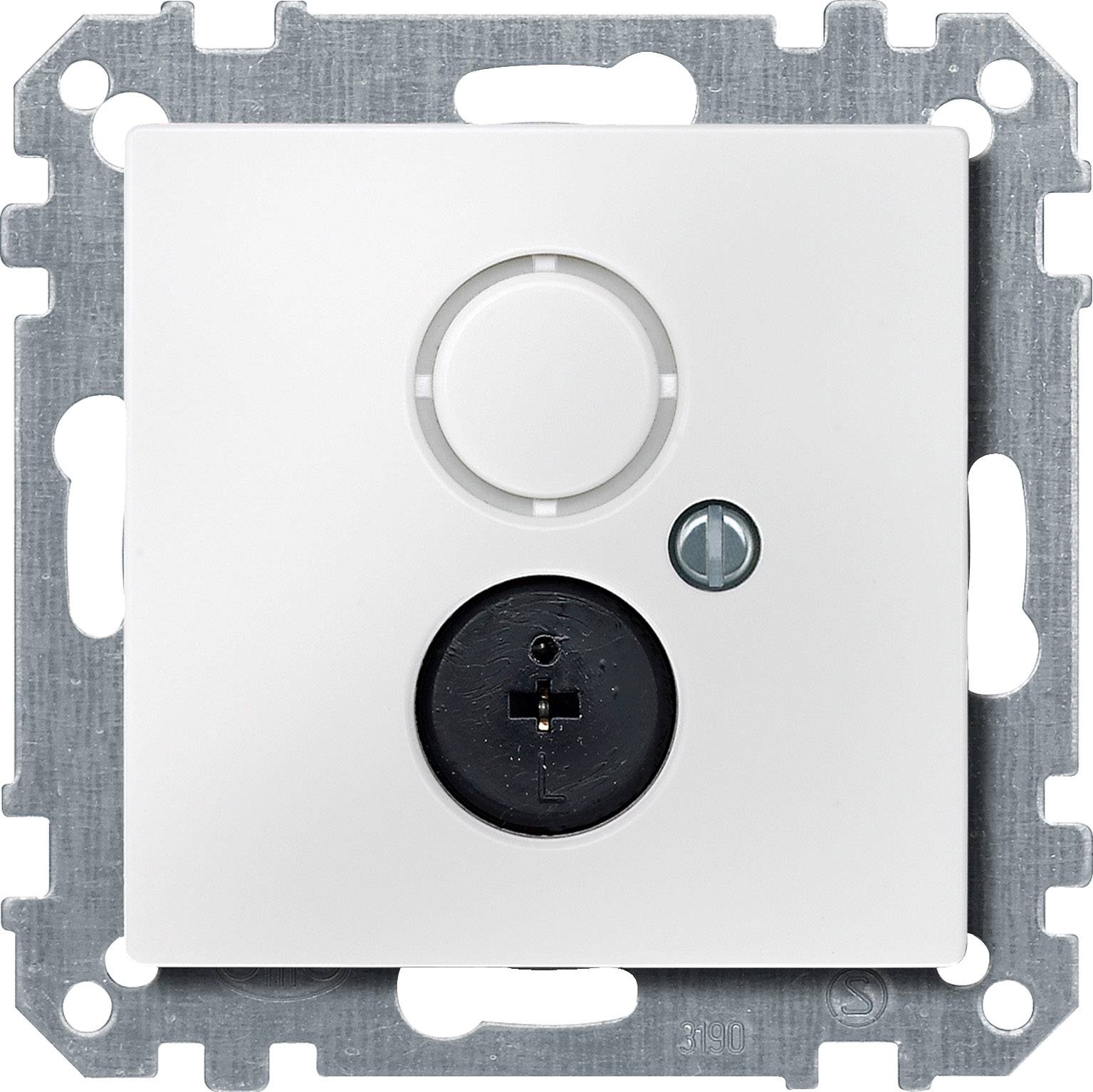 Un connecteur d'antenne blanc avec une prise ronde et un bouton rotatif au centre, monté sur une plaque métallique.