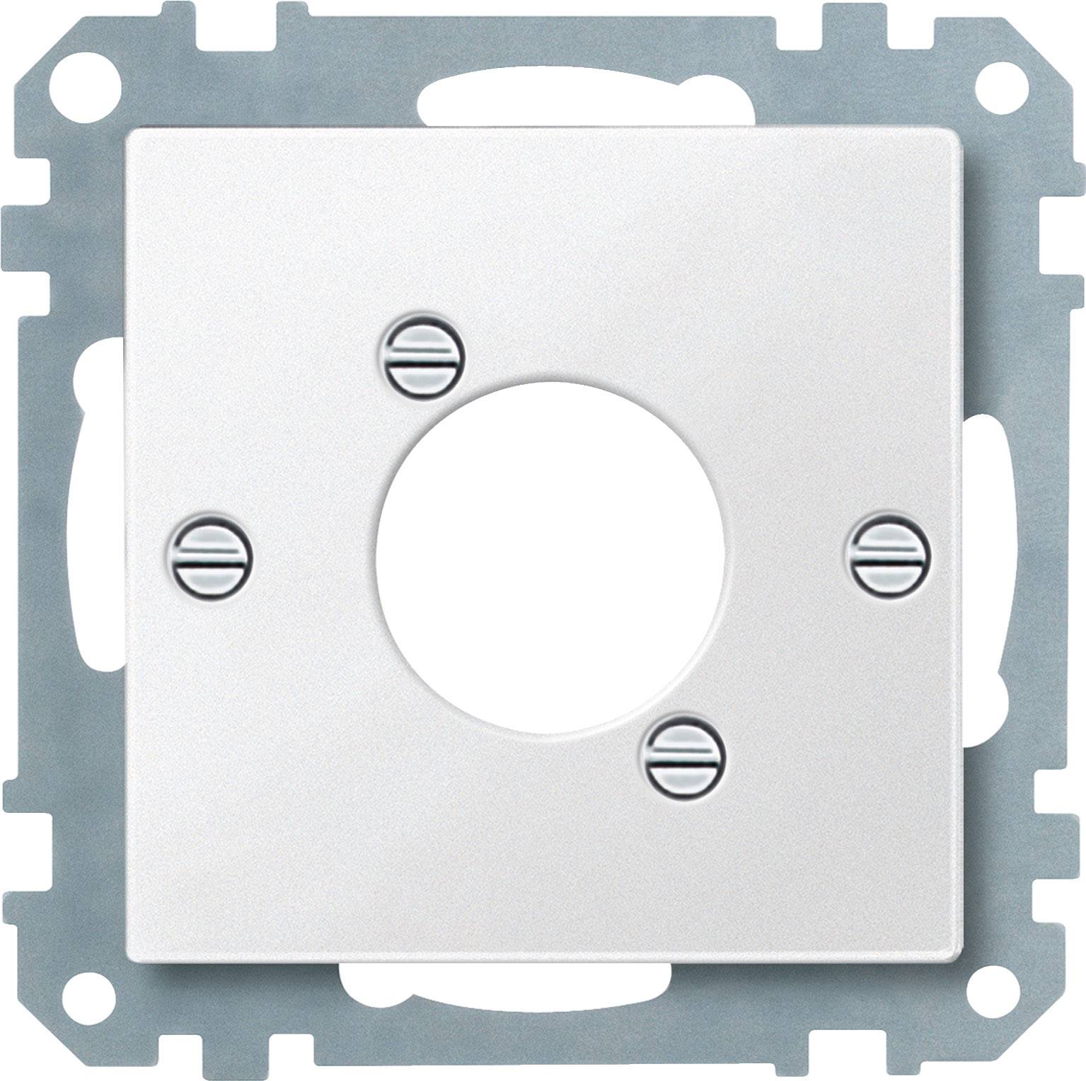 Un cadre de commutateur carré blanc avec quatre vis de fixation, centrant un trou rond.