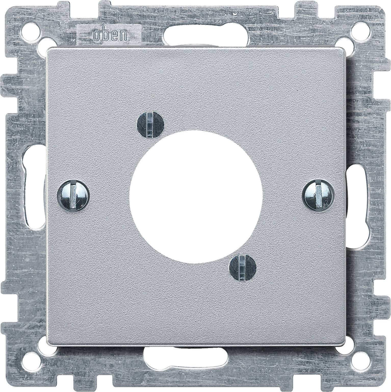 Un boîtier de couverture d'interrupteur argenté avec deux vis. Une ouverture en haut permet l'installation d'un commutateur rotatif ou d'un bouton.