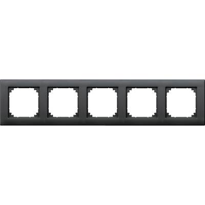 Cadre rectangulaire noir avec cinq découpes carrées vides, adapté pour les interrupteurs ou les plaques de prises électriques.