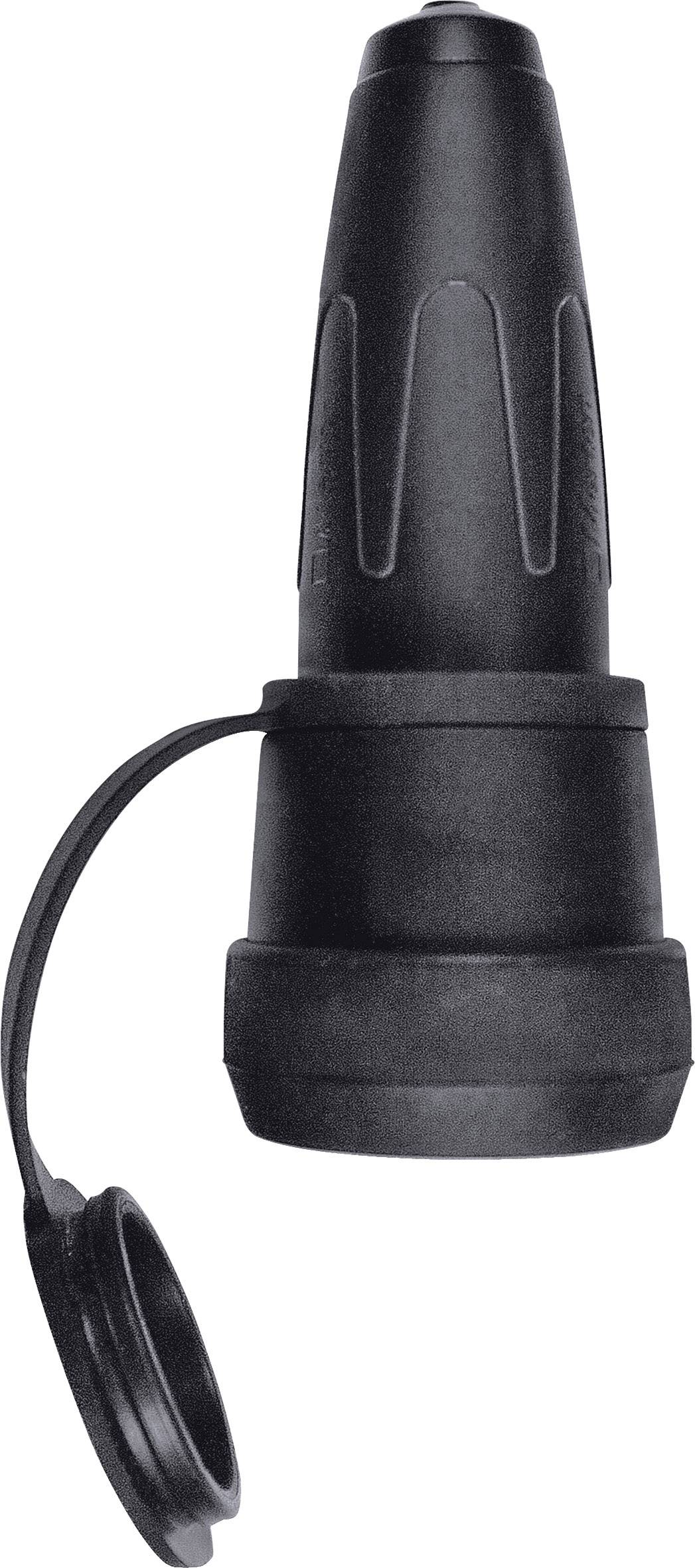 Adaptateur conique noir avec capuchon de protection, couramment utilisé pour connecter des câbles ou des tubes.
