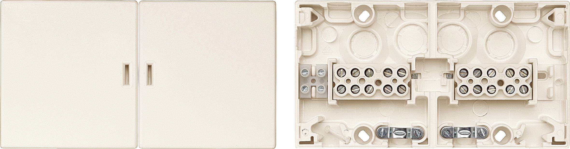 Deux cache-prises électriques, l'un fermé et l'autre ouvert, avec le câblage électrique et les connexions visibles.