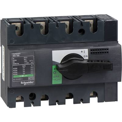 Disjoncteur électrique noir Schneider Compact INS 160 avec positions de commutation, étiquette technique et marquage vert 'OFF'.