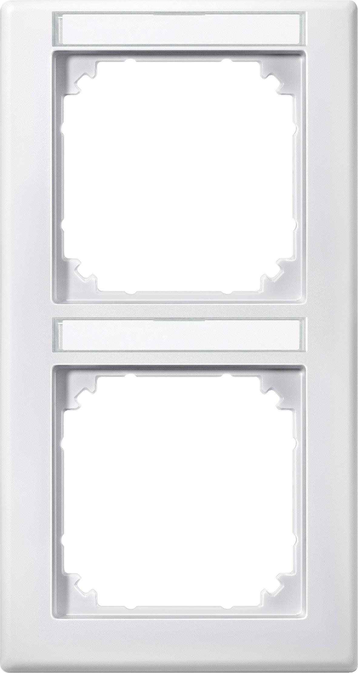 Cadre double blanc en plastique pour interrupteurs ou prises de courant avec angles arrondis. Adapté pour deux mécanismes superposés.
