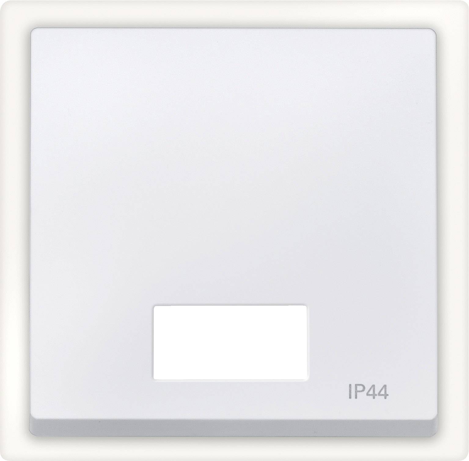Couvercle d'interrupteur en blanc, carré avec une petite découpe rectangulaire et l'inscription 'IP44' dans le coin.