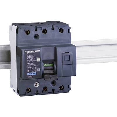 Un disjoncteur noir de la marque Schneider Electric est monté sur un rail métallique. Le disjoncteur présente plusieurs spécifications techniques.