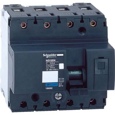 Disjoncteur de Schneider Electric, modèle NQ125N, avec un courant nominal de 125A. Construction carrée, noir, avec plusieurs bornes de connexion.