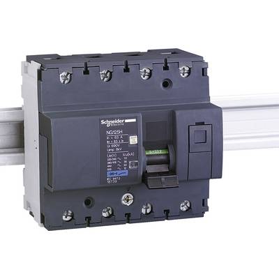 Un disjoncteur noir de Schneider Electric, monté sur un rail. Il présente des interrupteurs et une surface de marquage avec des données techniques.