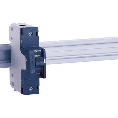 Disjoncteur Schneider Electric NG125L monté sur un rail métallique, présentant le mécanisme de protection et de fixation.