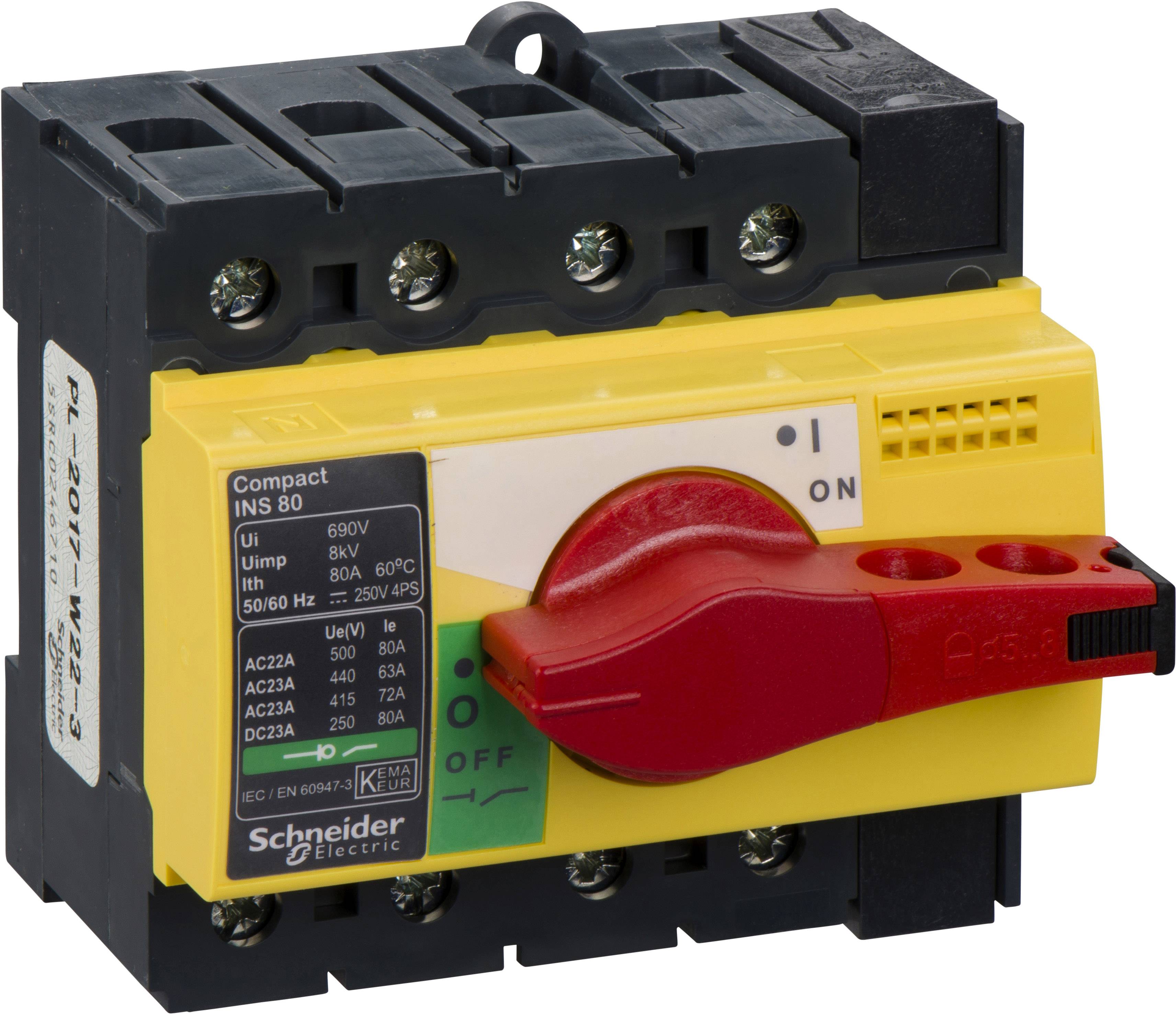 Un disjoncteur électrique Schneider Electric, modèle Compact INS80. Il possède un interrupteur rouge et des étiquettes jaunes.
