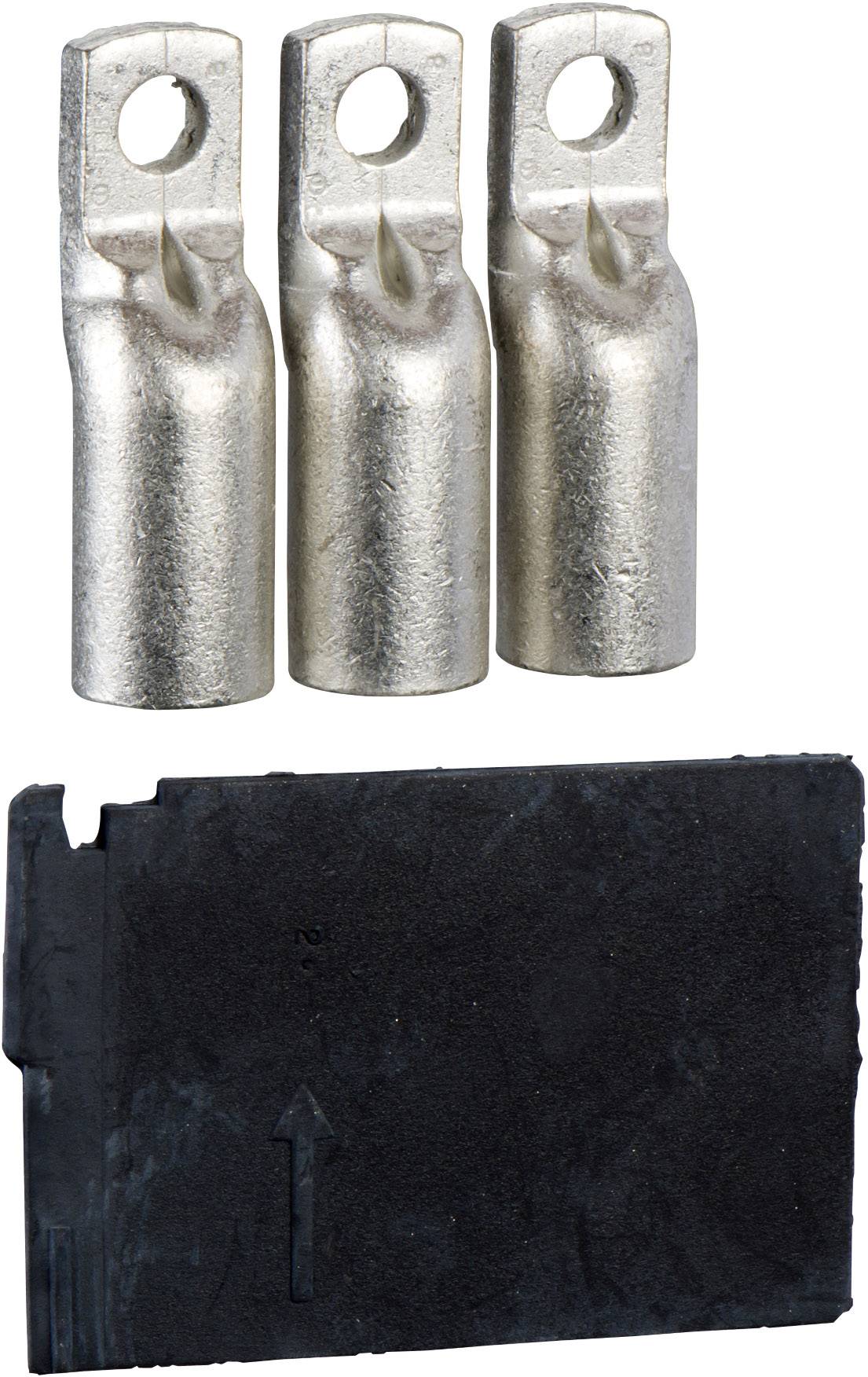 Trois cosses de câble métalliques avec des œillets en haut, disposées en ligne. En dessous, un composant rectangulaire noir avec une flèche.