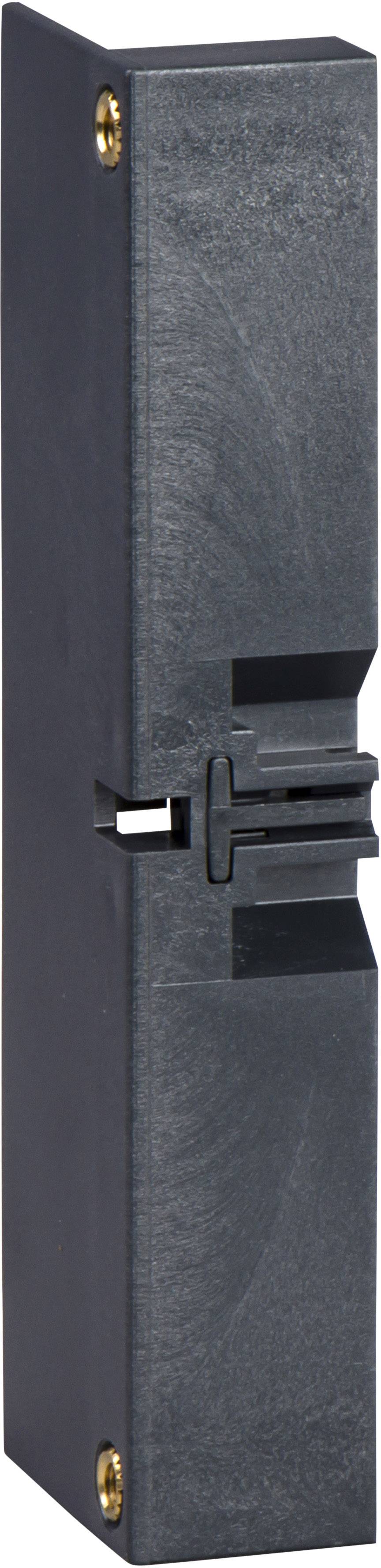 Ouvre-porte électrique noir avec orientation verticale et trous de vis visibles aux coins.