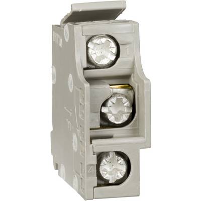 Un bloc de connexion gris avec deux vis en argent, chacune munie d'une empreinte cruciforme, pour la connexion électrique.