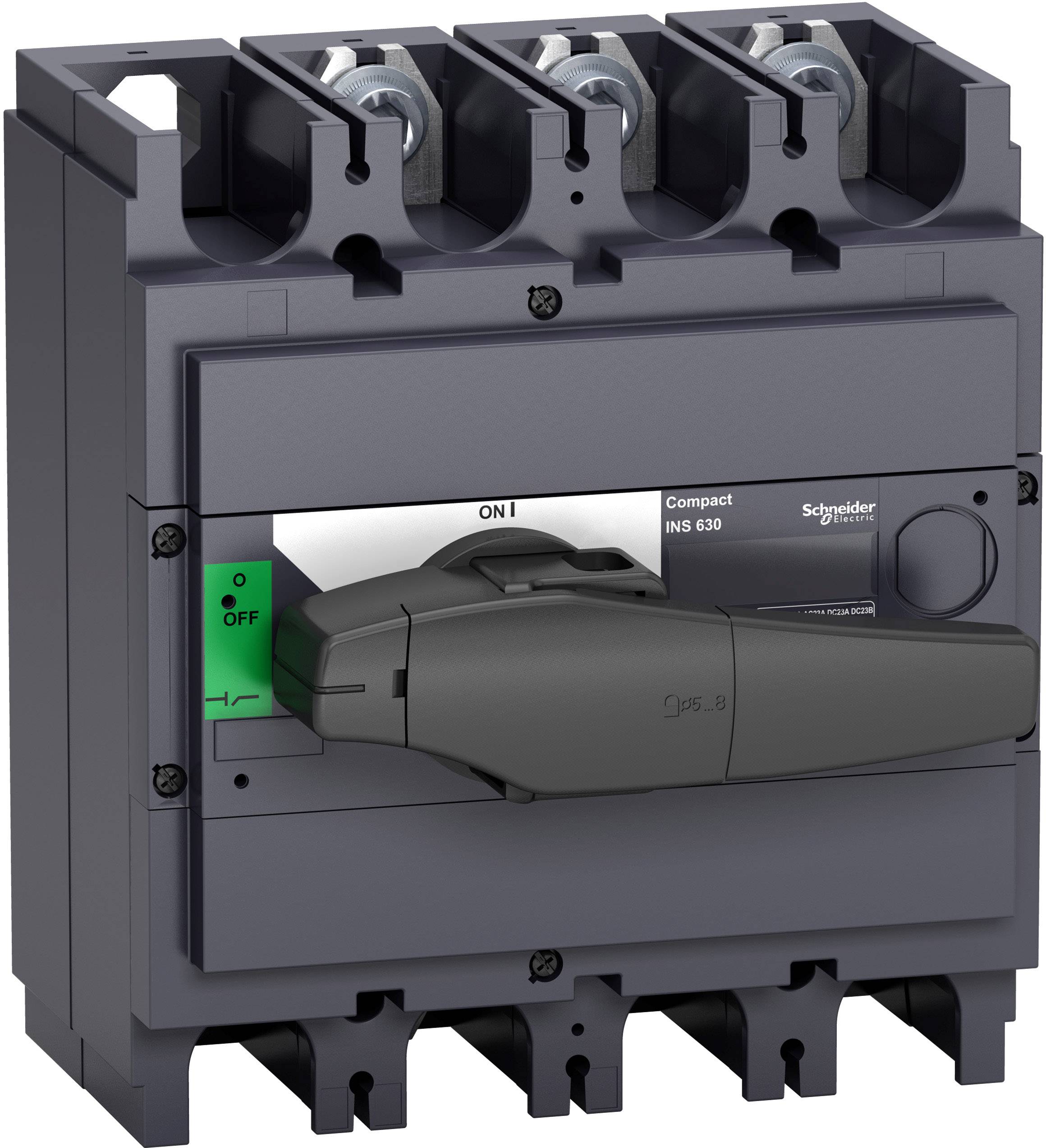 Disjoncteur Schneider Electric Compact NS630, gris, avec commutateur à bascule en positions 'ON' et 'OFF'.