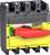 'Disjoncteur Schneider Electric avec poignée rouge sur fond jaune, symbole "Off" vert et couvercle de boîtier gris.'